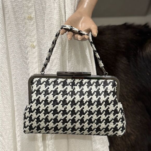 Houndstooth Woven Cowhide Push Lock Clutch/Shoulder Bag/Crossbody/Evening Bag - Picture 2 of 16
